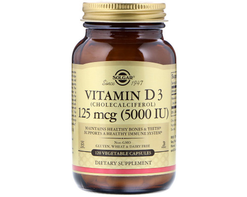 Вітамін D3 (холекальциферол), Vitamin D3 Cholecalciferol, Solgar, 125 мкг (5000 МО), 120 вегетаріанських капсул