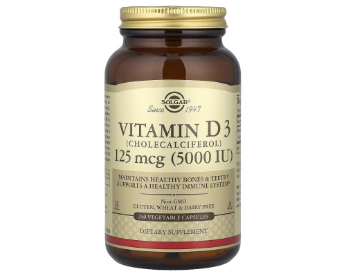Вітамін D3 (холекальциферол), Vitamin D3, Solgar, 125 мкг (5000 МО), 240 вегетаріанських капсул