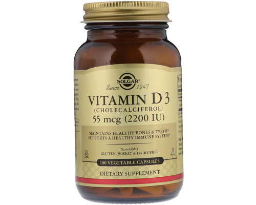 Вітамін D3 (холекальциферол), Vitamin D3, Solgar, 55 мкг (2200 МО), 100 вегетаріанських капсул