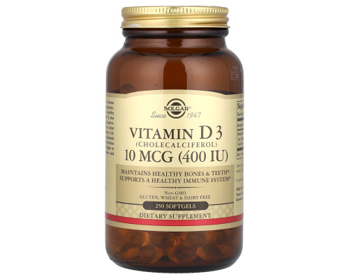 Вітамін D3, Vitamin D3, Solgar, 10 мкг (400 МЕ), 250 гелевих капсул