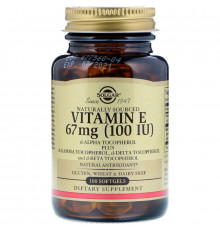 Вітамін Е, Vitamin E, Solgar, натуральний, 67 мг (100 МО), 100 гелевих капсул