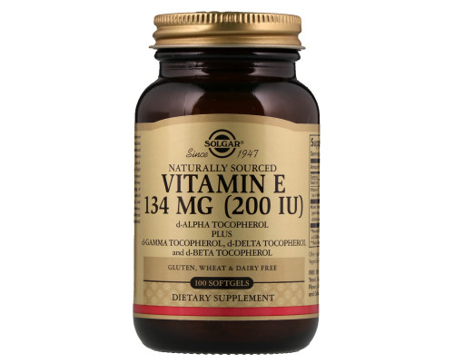Вітамін Е, Vitamin E, Solgar, натуральний, 134 мг (200 МО), 100 гелевих капсул