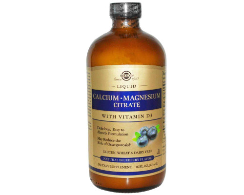 Кальцій Магній + D3, Calcium Magnesium Vitamin D3, Solgar, смак чорниці, цитрат, рідкий, 473 мл.