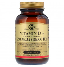 Вітамін D3 (холекальциферол), Vitamin D3 (Cholecalciferol), Solgar, 250 мкг (10000 МО), 120 гелевих капсул