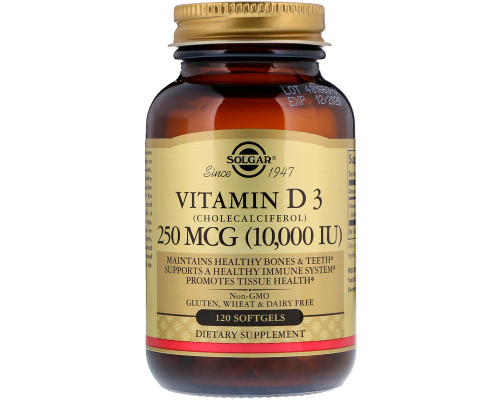 Вітамін D3 (холекальциферол), Vitamin D3 (Cholecalciferol), Solgar, 250 мкг (10000 МО), 120 гелевих капсул