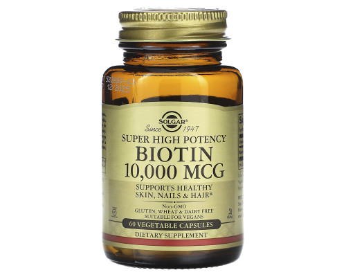 Біотин, Biotin, Super High Potency, Solgar, висока ефективність, 10000 мкг, 60 капсул