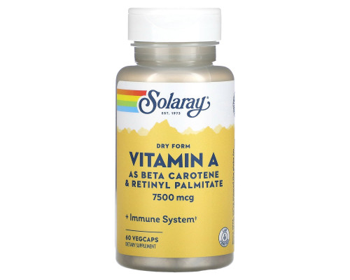Вітамін А, Dry Vitamin A, Solaray, 7500 мкг, 60 вегетаріанських капсул