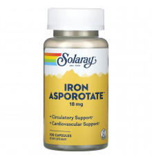 Залізо, Iron Asporotate, Solaray, 18 мг, 100 капсул