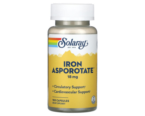 Залізо, Iron Asporotate, Solaray, 18 мг, 100 капсул