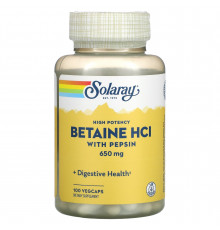 Бетаїн HCl + пепсин, Betaine HCL with Pepsin, Solaray, високоефективний, 650 мг, 100 вегетаріанських капсул