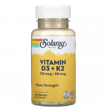 Вітамін D3 і К2, Vitamin D-3 & K-2, Solaray, без сої, 60 рослинних капсул