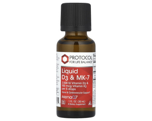 Вітаміни D3 та К-2 (MK-7), Liquid D3 & MK-7, Protocol for Life Balance, рідкі, 30 мл
