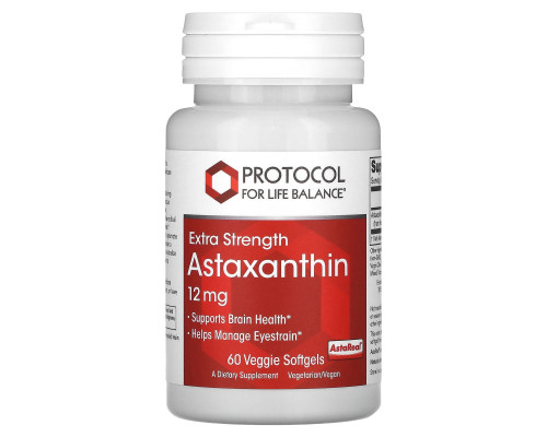 Астаксантин, Astaxanthin, Protocol for Life Balance, підвищена сила, 12 мг, 60 рослинних гелевих капсул