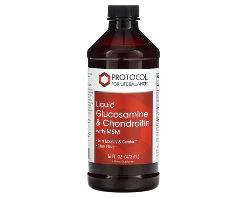 Глюкозамін і хондроїтин з МСМ, Liquid Glucosamine & Chondroitin with MSM, Protocol for Life Balance, рідкий, смак цитрус, 473 мл