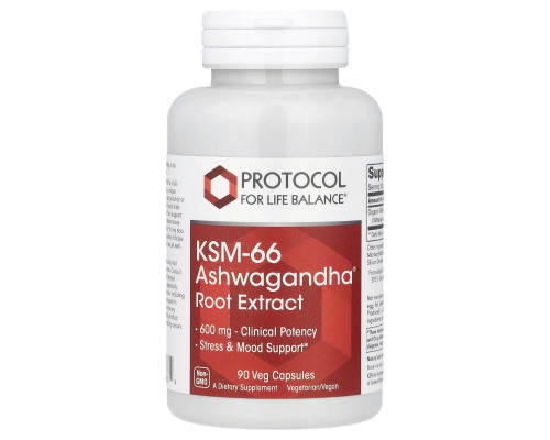 Ашваганда KSM-66, KSM-66 Ashwagandha, Protocol for Life Balance, екстракт кореня, 600 мг, 90 рослинних капсул