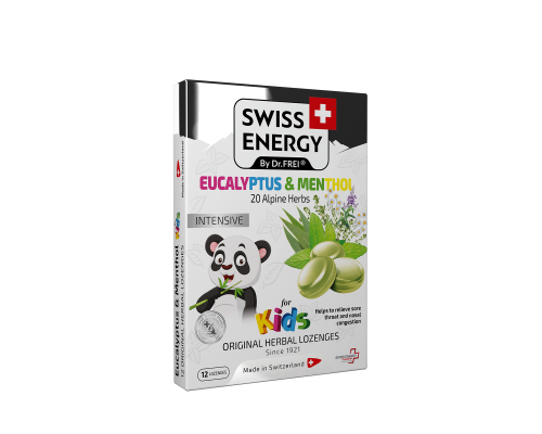 Льодяники від застуди, для дітей, Herbal Lozenges Blister 20 herbs + Eucalyptus and Menthol for kids, Swiss Energy, від кашлю, болю в горлі та закладеності носа, 20 альпійських трав, ментол та евкаліпт, 12 трав'яних льодяників