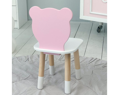 Детский деревянный стульчик мишка 26.5х26х25см, стул со спинкой для детей, белый с розовым