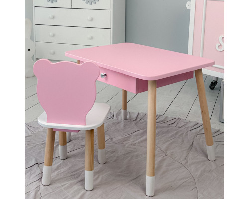 Детский деревянный стульчик мишка 26.5х26х25см, стул со спинкой для детей, белый с розовым