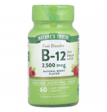 Вітамін B-12 плюс фолієва кислота, Vitamin B-12, Nature's Truth, смак ягід, 2500 мкг, 60 швидкорозчинних таблеток