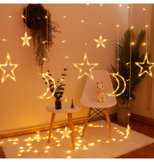 Новогодняя светодиодная гирлянда штора 3*1 метр Месяц и звезда Теплый свет