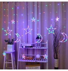 Новогодняя светодиодная гирлянда штора 3*1 метр Месяц и звезда Цветной свет