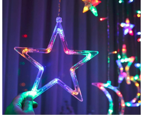 Новогодняя светодиодная гирлянда штора 3*1 метр Месяц и звезда Цветной свет