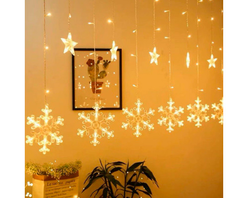Новогодняя светодиодная гирлянда штора 3*1 метр Снежинка и звезда Теплый свет