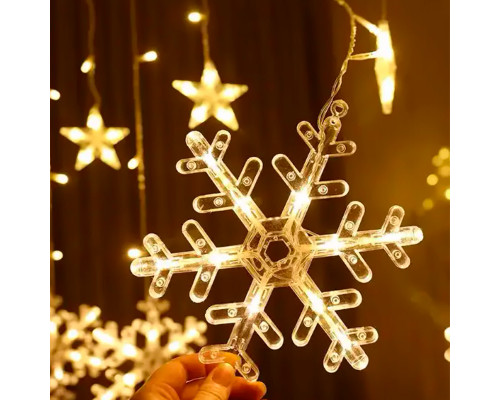 Новогодняя светодиодная гирлянда штора 3*1 метр Снежинка и звезда Теплый свет