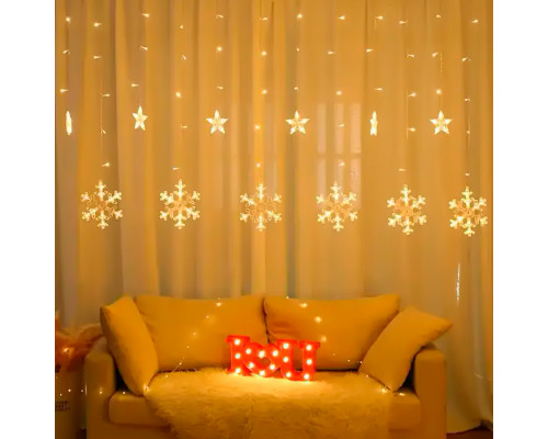 Новогодняя светодиодная гирлянда штора 3*1 метр Снежинка и звезда Теплый свет