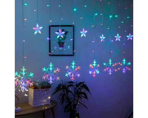 Новогодняя светодиодная гирлянда штора 3*1 метр Снежинка и звезда Цветной свет