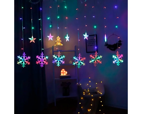 Новогодняя светодиодная гирлянда штора 3*1 метр Снежинка и звезда Цветной свет