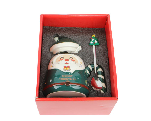 Рождественская чашка "Merry Christmass" Санта JJX001 кружка в форме Санты с ложечкой в подарочной упаковке Green