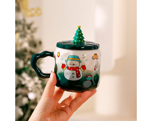 Новогодняя чашка JJX010 Новогодняя феерия кружка с ложечкой крышечкой рождественская в подарочной упаковке Green