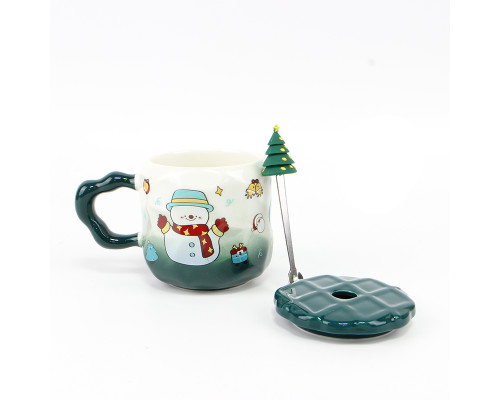 Новогодняя чашка JJX010 Новогодняя феерия кружка с ложечкой крышечкой рождественская в подарочной упаковке Green