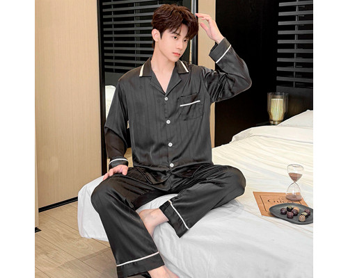 Шелковый комплект мужской пижамы TX0030 Черный рубашка с длинным рукавом и штанами атласная 2XL