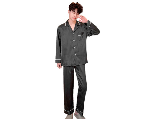 Шелковый комплект мужской пижамы TX0030 Черный рубашка с длинным рукавом и штанами атласная 3XL