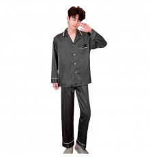 Шелковый комплект мужской пижамы TX0030 Черный рубашка с длинным рукавом и штанами атласная L