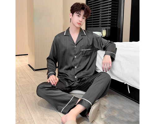 Шелковый комплект мужской пижамы TX0030 Черный рубашка с длинным рукавом и штанами атласная L