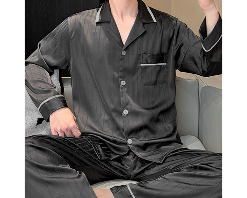 Шелковый комплект мужской пижамы TX0030 Черный рубашка с длинным рукавом и штанами атласная XL