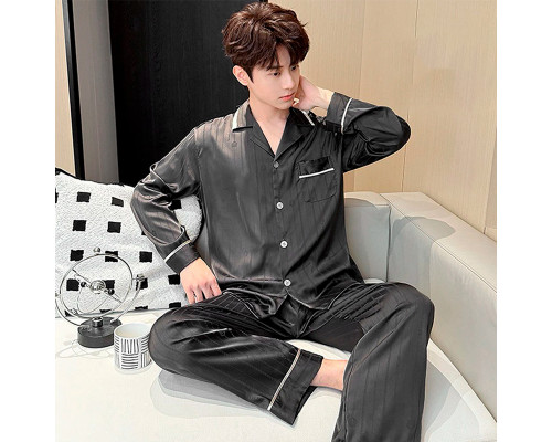 Шелковый комплект мужской пижамы TX0030 Черный рубашка с длинным рукавом и штанами атласная XL