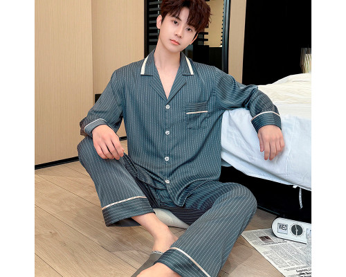 Шелковый комплект мужской пижамы TX0031 Зеленый рубашка с длинным рукавом и штанами атласная L