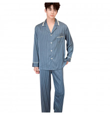 Шелковый комплект мужской пижамы TX0031 Синий рубашка с длинным рукавом и штанами атласная 3XL