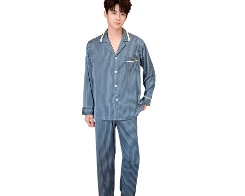 Шелковый комплект мужской пижамы TX0031 Синий рубашка с длинным рукавом и штанами атласная 3XL