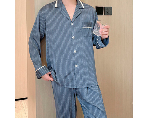 Шелковый комплект мужской пижамы TX0031 Синий рубашка с длинным рукавом и штанами атласная 3XL