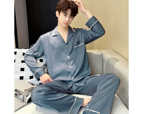 Шелковый комплект мужской пижамы TX0031 Синий рубашка с длинным рукавом и штанами атласная XL
