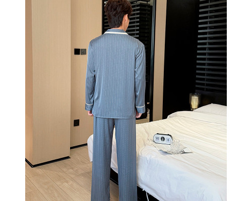 Шелковый комплект мужской пижамы TX0031 Синий рубашка с длинным рукавом и штанами атласная XL