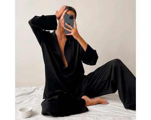 Женский шелковый комплект для дома и сна 2SYCK1315 рукашка и штаны женская пижама атласная Черный S