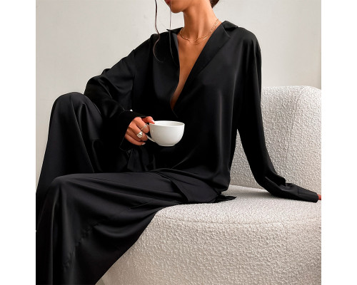 Женский шелковый комплект для дома и сна 2SYCK1315 рукашка и штаны женская пижама атласная Черный XL