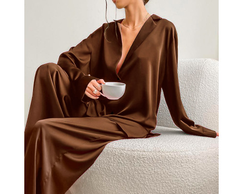Женский шелковый комплект для дома и сна 2SYCK1315 рукашка и штаны женская пижама атласная Шоколадный S