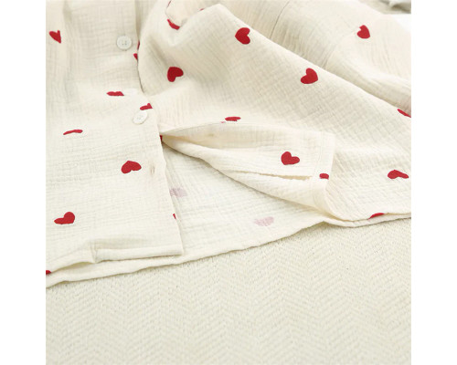 Женский муслиновый костюм 2SYCK1853B1 для дома рубашка с длинным рукавом брюки пижама Кремовый с сердечками M